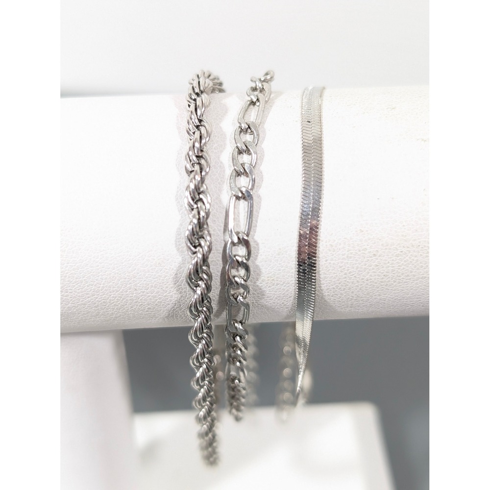 Lot 3 Silver Tone Chain Bracelets Herringbone Rope Figaro Adjustable 7–9"